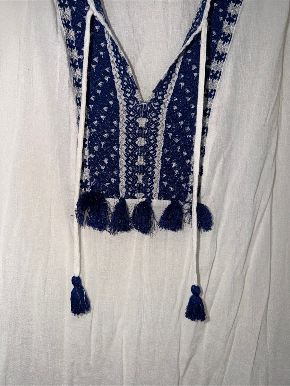 Vineyard Vines XL White Tunic Swim Cover Up Navy Embroidery with Tassels - Picture 5 of 6